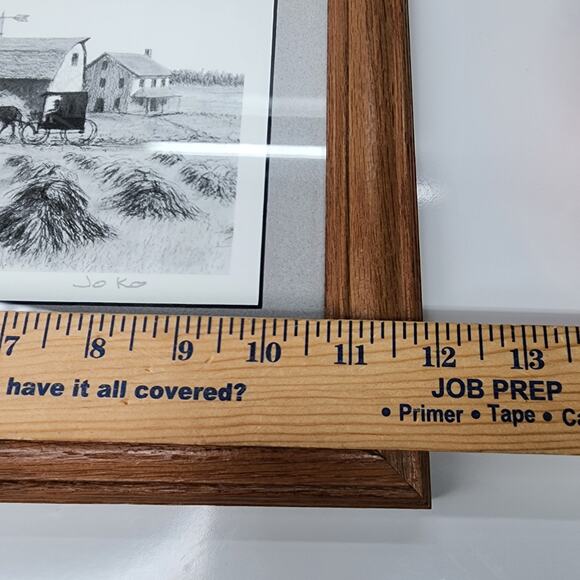 Vintage Amish Country Pencil Drawing Print Signed JO K0 10x12 Barn Horse Buggy - Picture 13 of 14